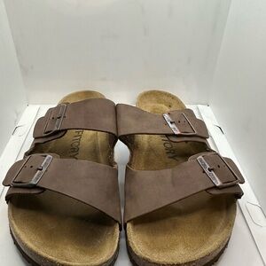 Tan Slip-On Sandals with Adjustable Buckles